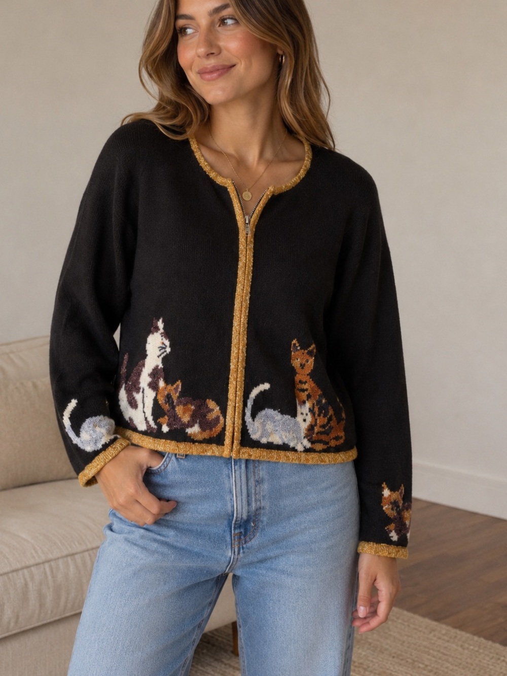 VTG 90S CHRISTOPHER & BANKS large CAT LADY ZIP UP CARDIGAN